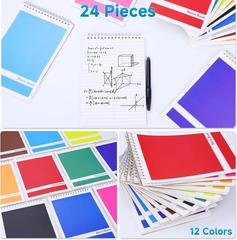 UZLU 24 Pack Steno Pads 6x9 Spiral Notebooks Bulk 12 Assorted Colors Note Pads 60 Sheets Gregg Rule Writing Paper, Steno Notebooks for Students Teachers Men Women Professionals Office School Recording - Image 5